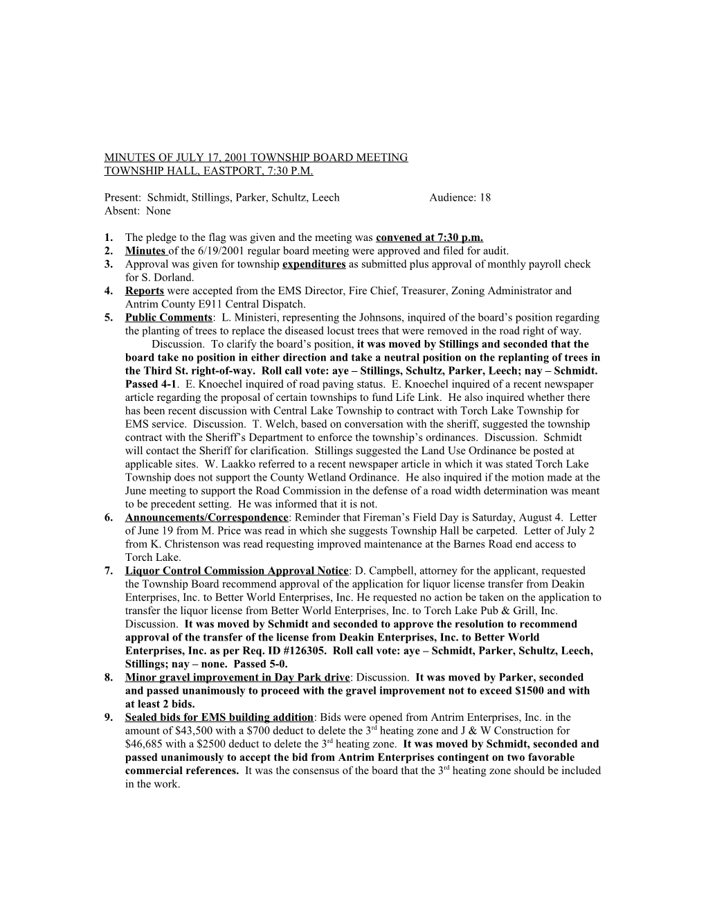Minutes of July 17, 2001 Township Board Meeting