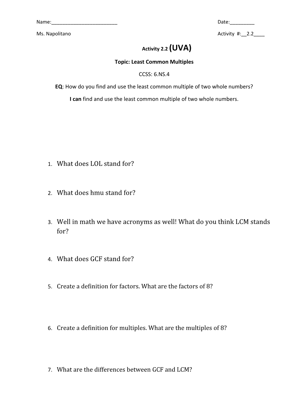 Topic: Least Common Multiples