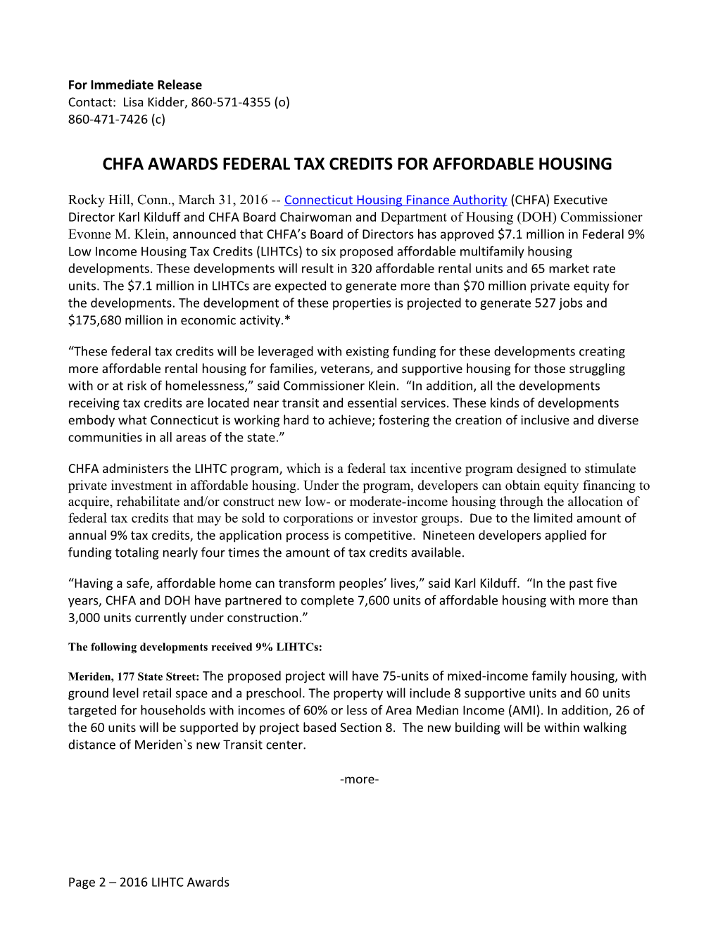 Chfa Awards Federal Tax Credits for Affordable Housing