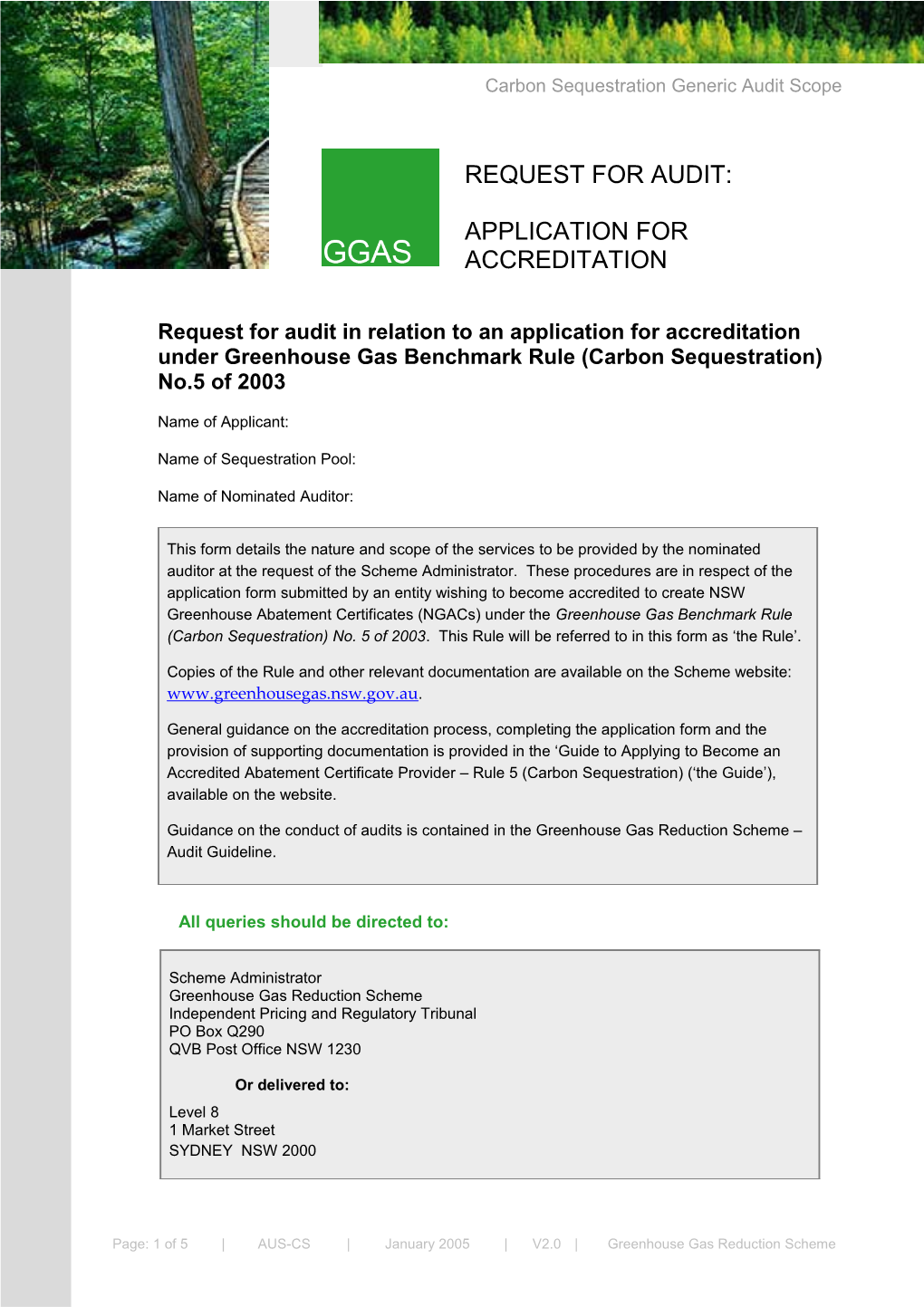 Carbon Sequestration Generic Audit Scope - Request for Audit - Application for Accreditation