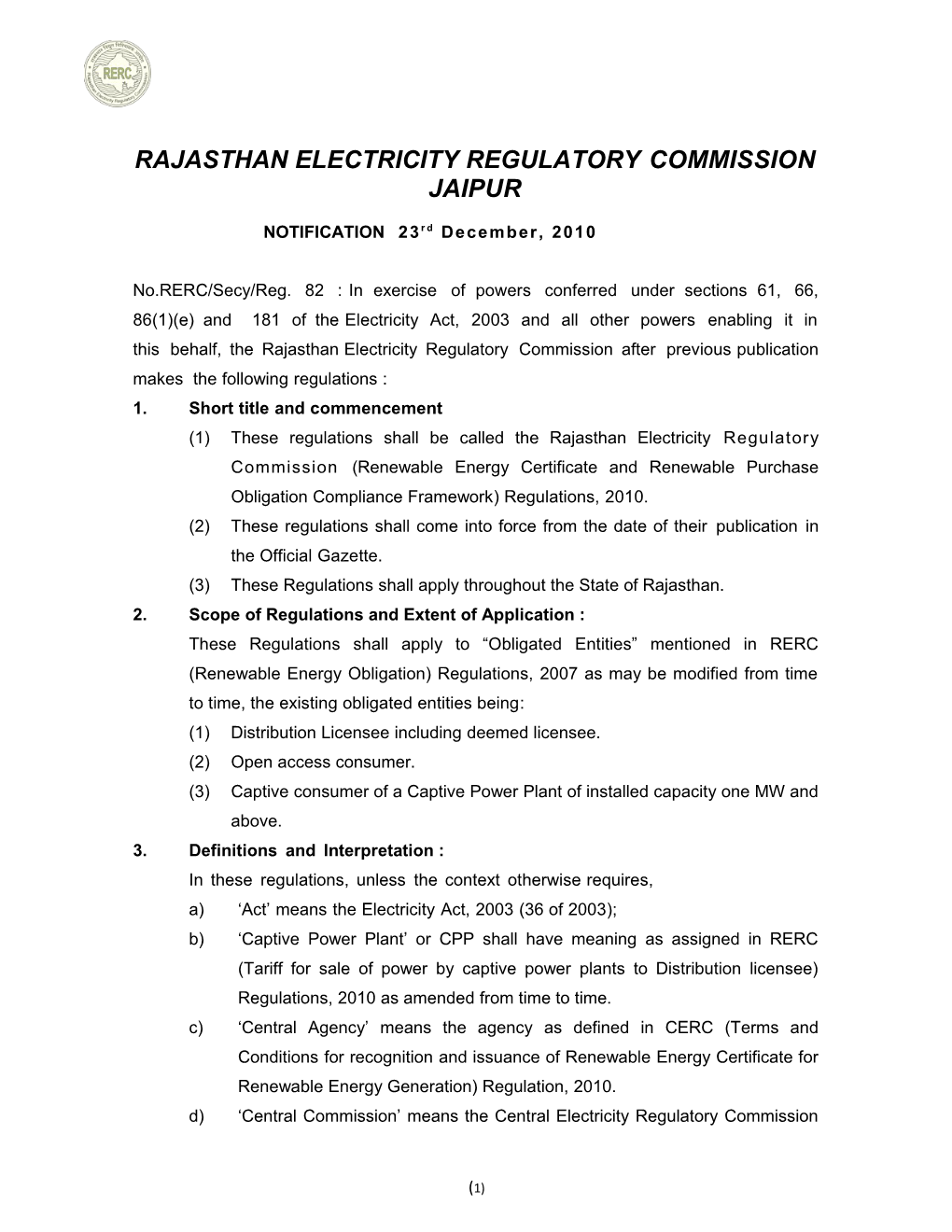 Rajasthan Electricity Regulatory Commission Jaipur