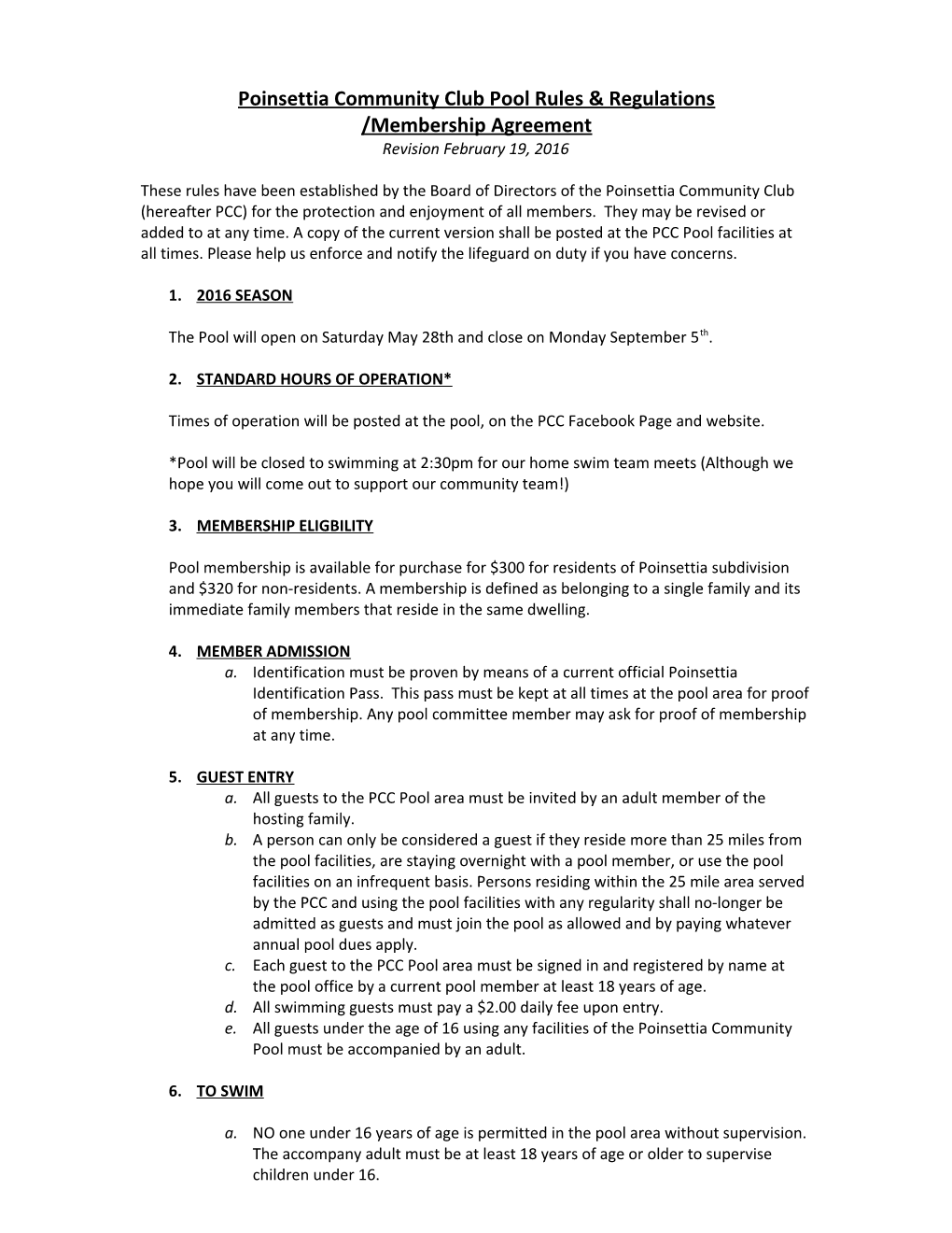 Poinsettia Community Club Pool Rules & Regulations