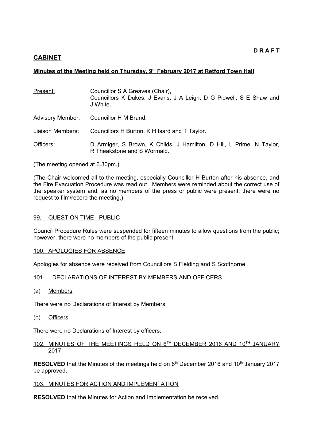 Minutes of the Meeting Held on Thursday, 9Th February 2017 at Retford Town Hall