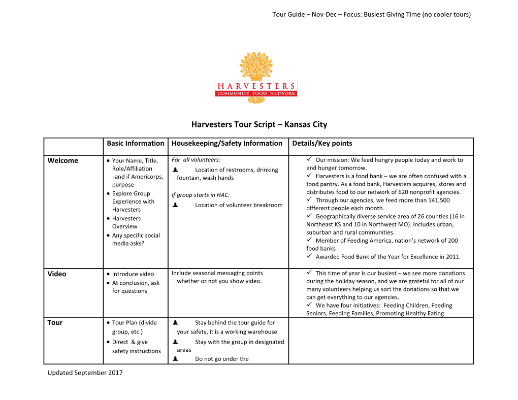 Harvesters Tour Script Kansas City