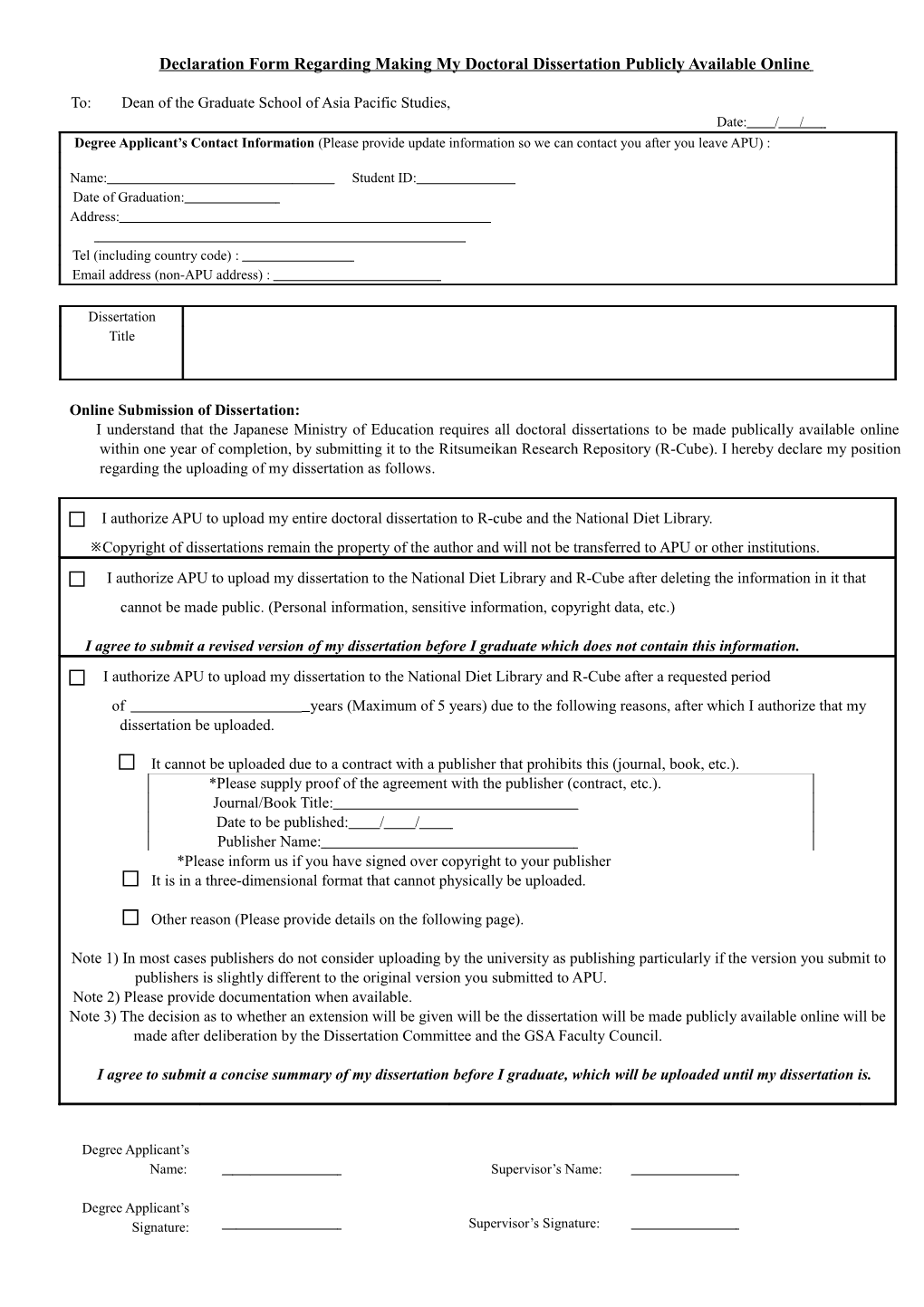 Doctoral Dissertation Online Publication Consent Form