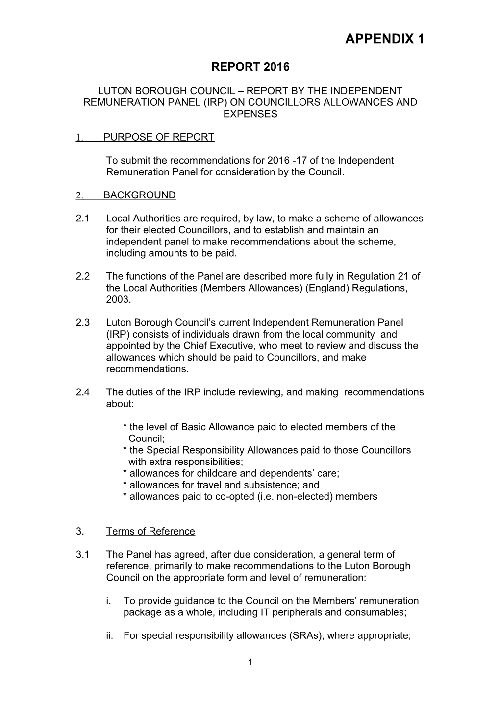 Luton Borough Council Report by the Independent Remuneration Panel (Irp) on Councillors