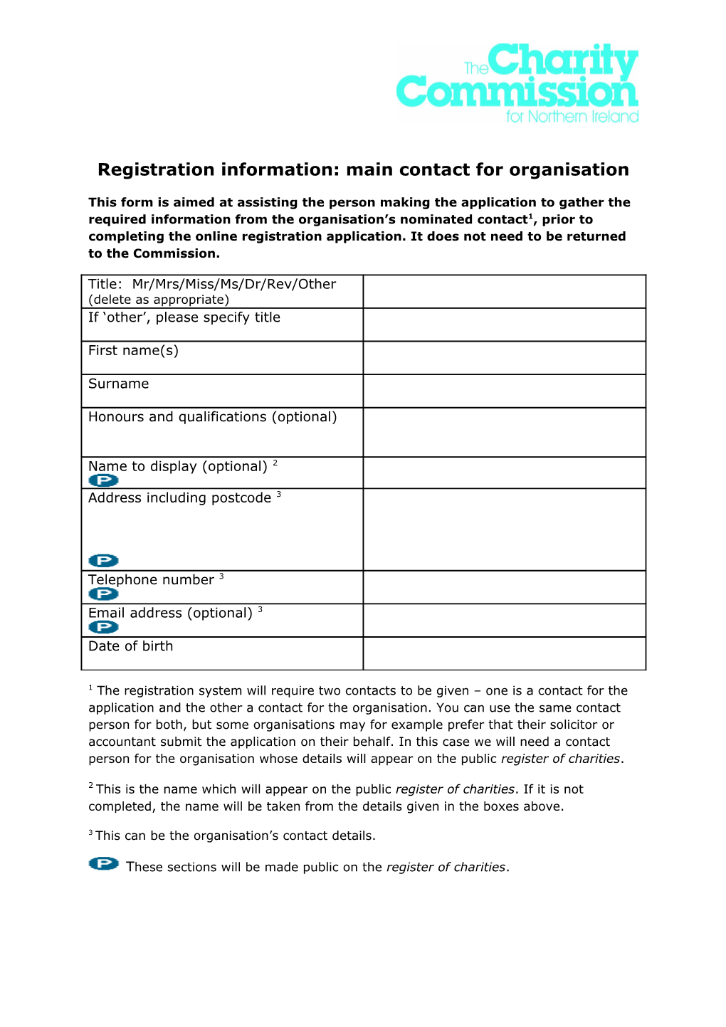 Registration Information: Main Contact for Organisation