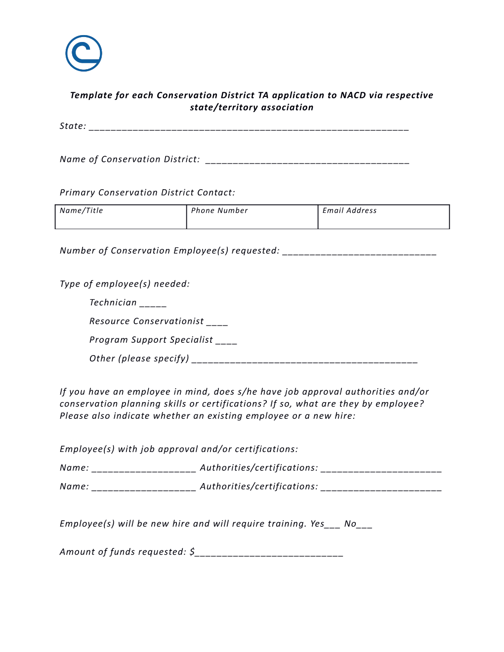 Template for Each Conservation District TA Application to NACD Via Respective State/Territory