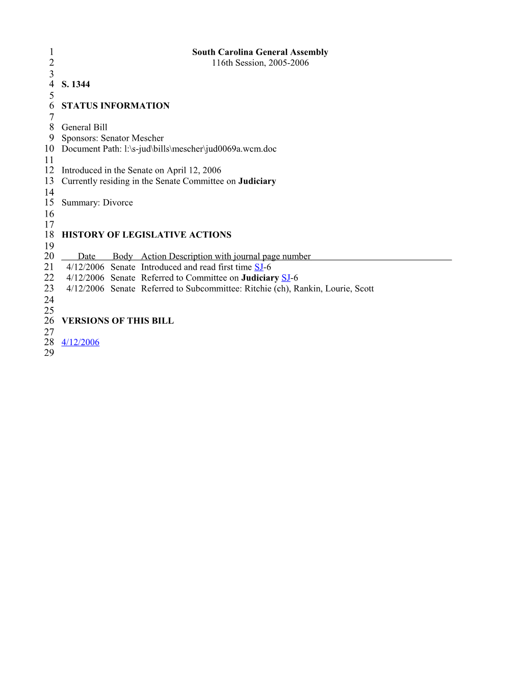 2005-2006 Bill 1344: Divorce - South Carolina Legislature Online