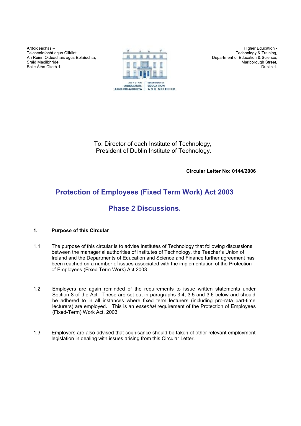 Circular 0144/2006 - Protection of Employees (Fixed Term Work) Act 2003 - Phase 2 Discussions