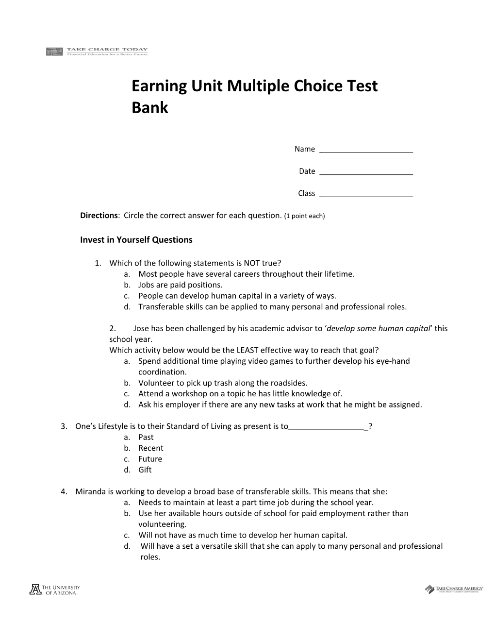 Earning Unit Multiple Choice Test Bank 2.3.0.M1