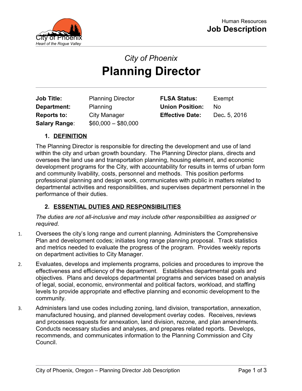 City of Phoenix, Oregon Planning Director Job Description Page 1 of 3