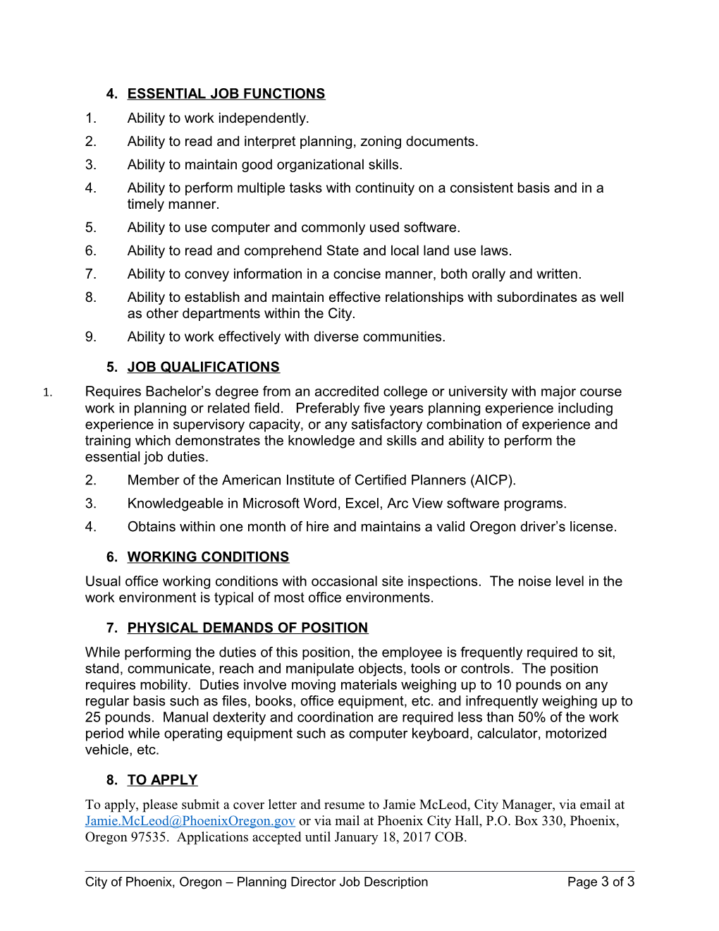 City of Phoenix, Oregon Planning Director Job Description Page 1 of 3