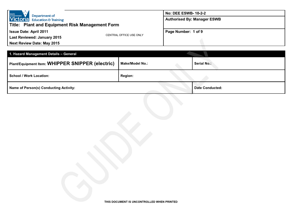 Plant and Equipment Risk Management Form - Whipper Snipper (Electric)