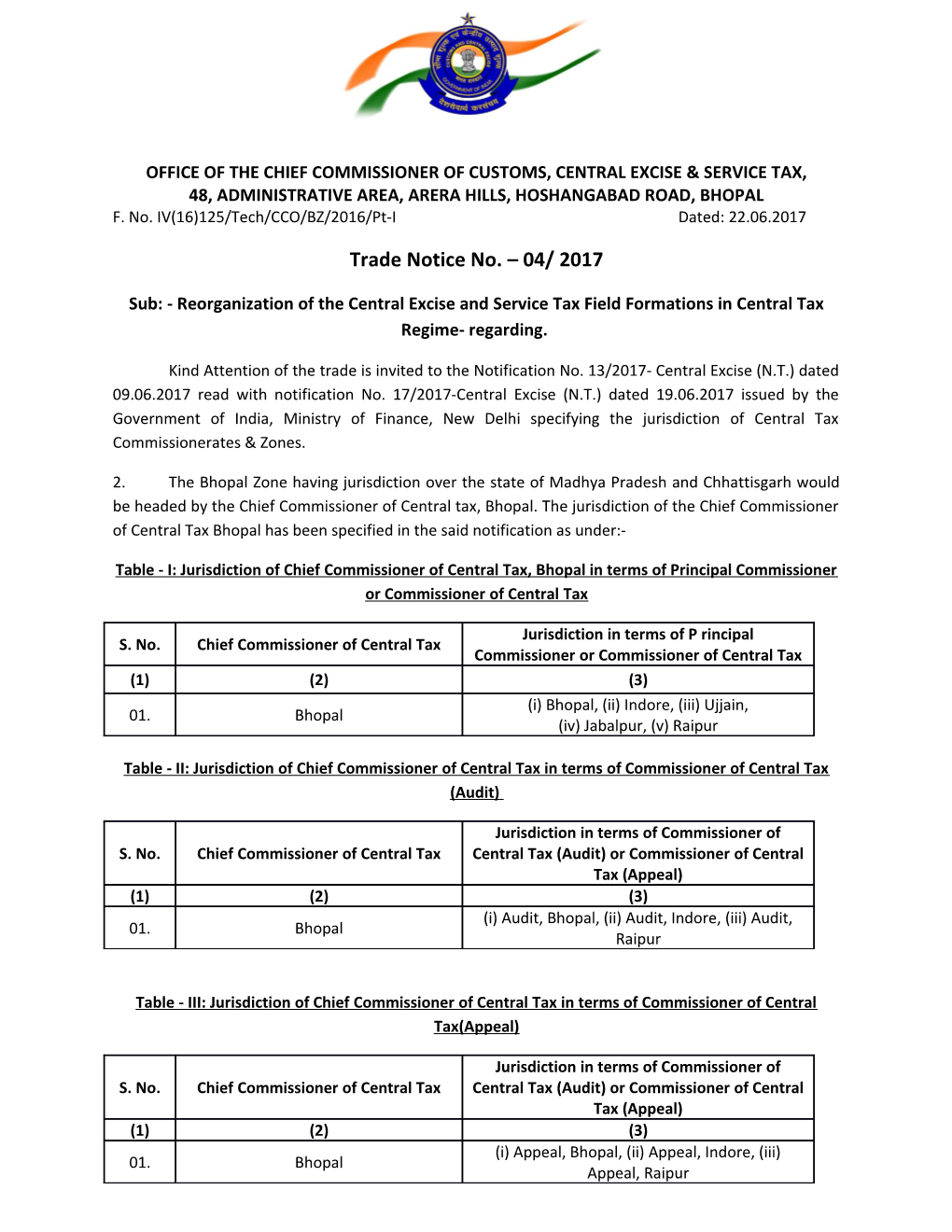 Office of the Chief Commissioner of Customs, Central Excise & Service Tax