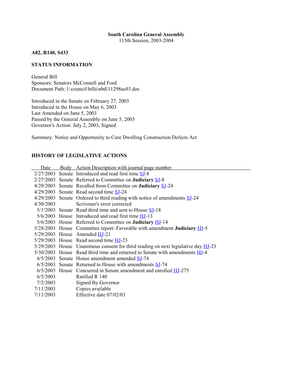 2003-2004 Bill 433: Notice and Opportunity to Cure Dwelling Construction Defects Act