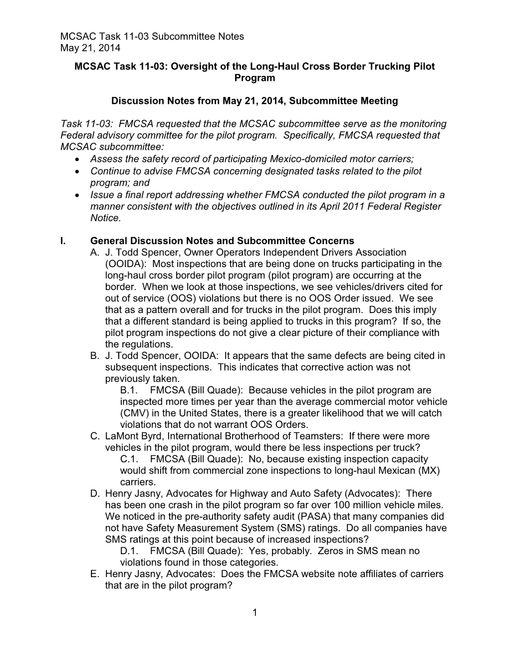 MCSAC Task 11-03: Oversight of the Long-Haul Cross Border Trucking Pilot Program