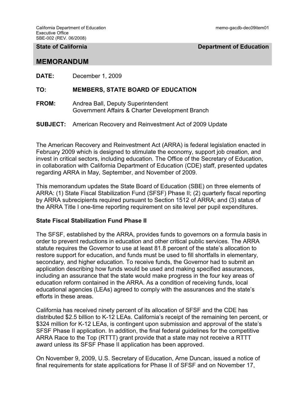 December 2009 GACDB Item 02 - Information Memorandum (CA State Board of Education)