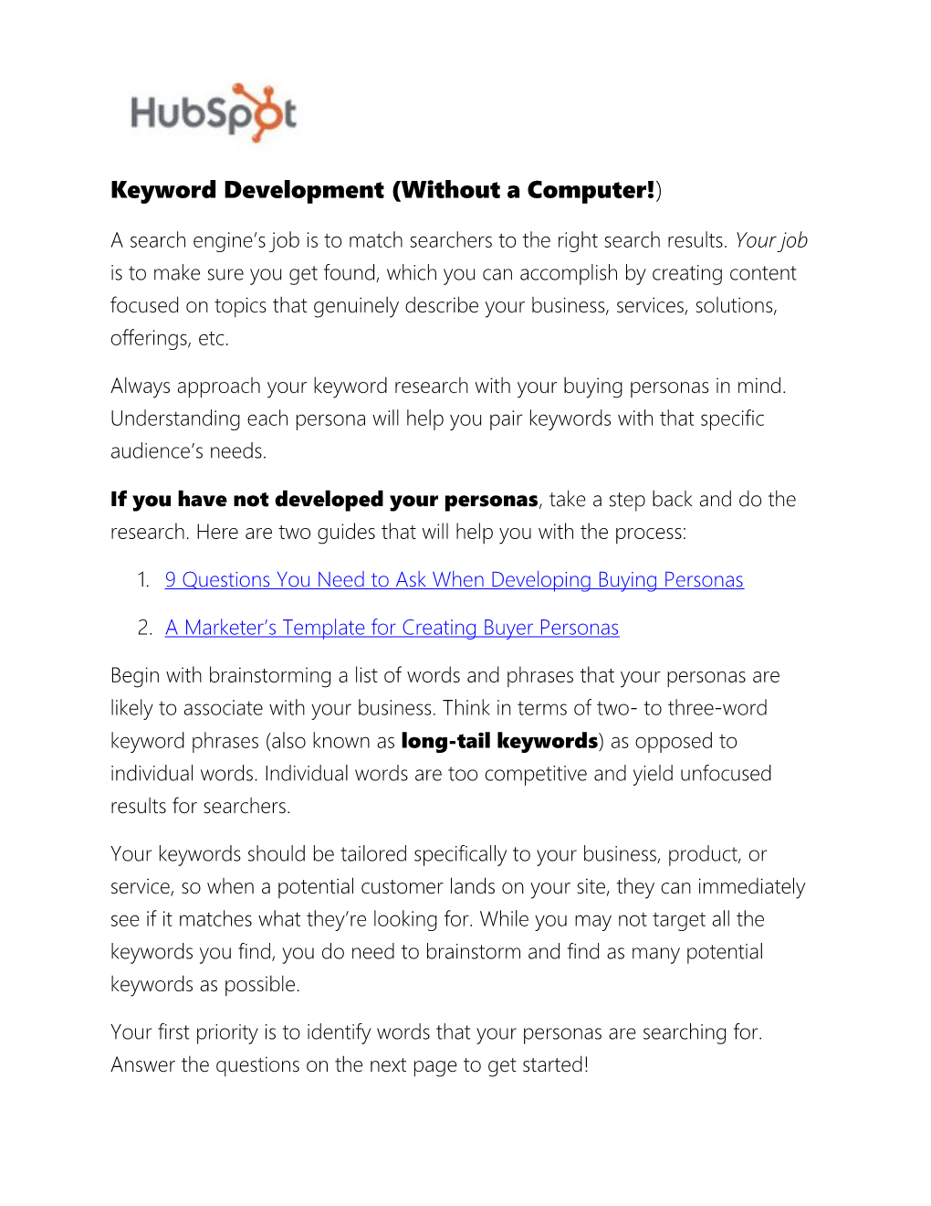 Keyword Development (Without a Computer! )