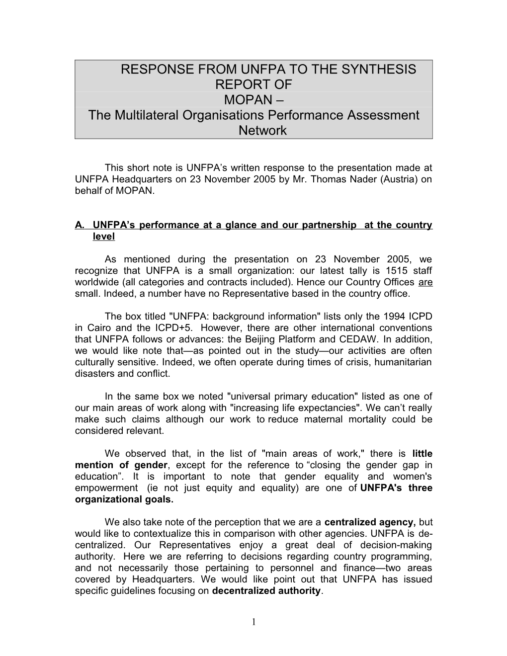 Draft Response from Unfpa to the Synthesis Report of Mopan