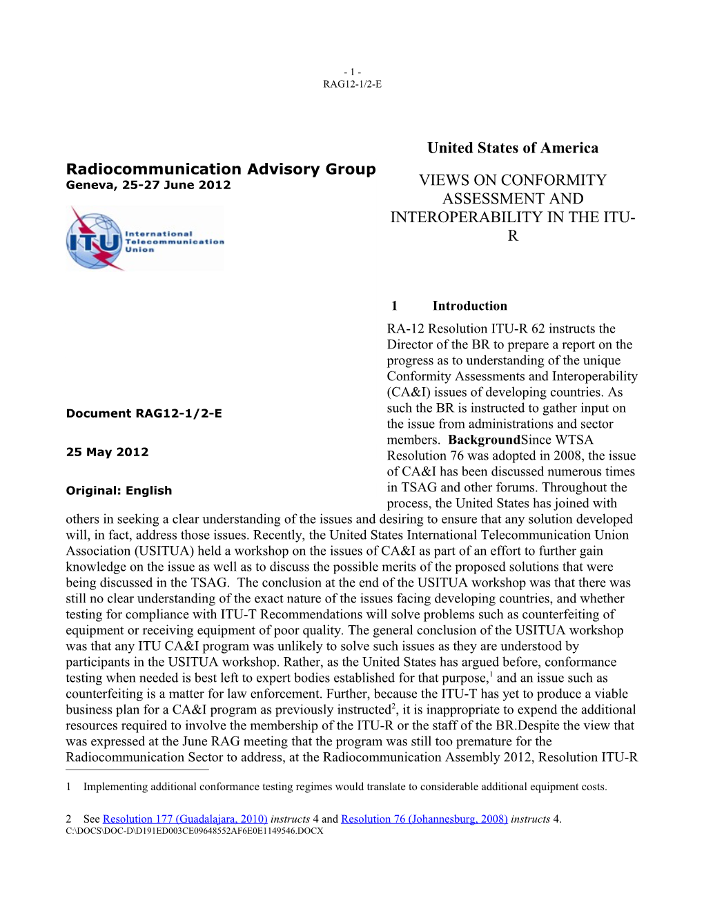 Report to the Fifteenth Meeting of the Radiocommunication Advisory Group