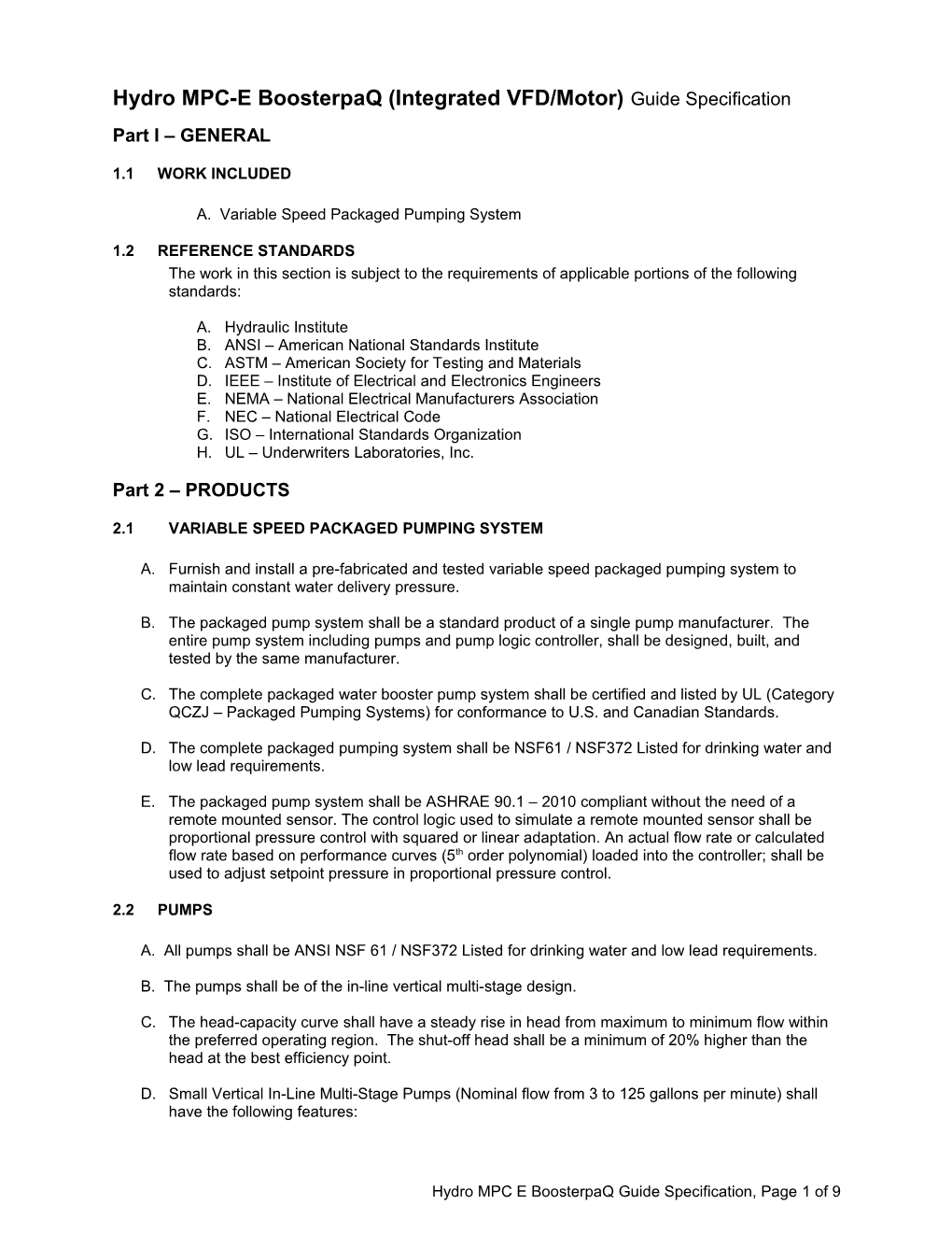 Hydro MPC-E Boosterpaq(Integrated VFD/Motor) Guide Specification