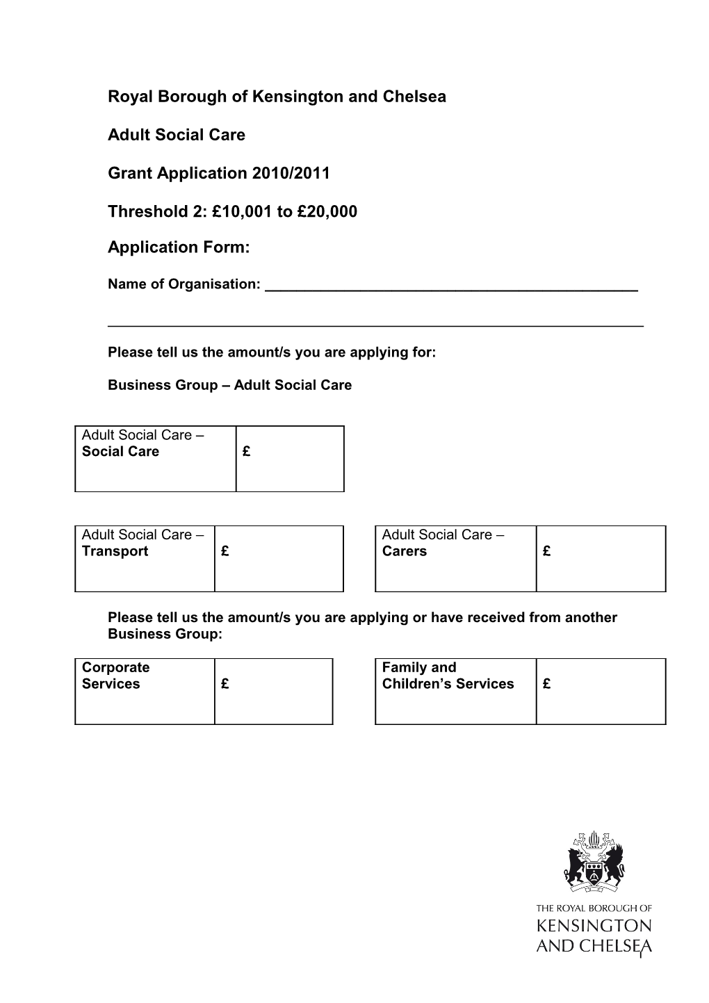 Adult Social Care Grant Application Form 2010/11