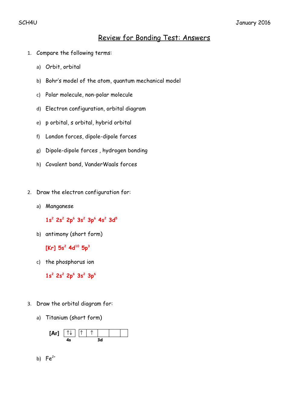 Review for Bonding Test: Answers