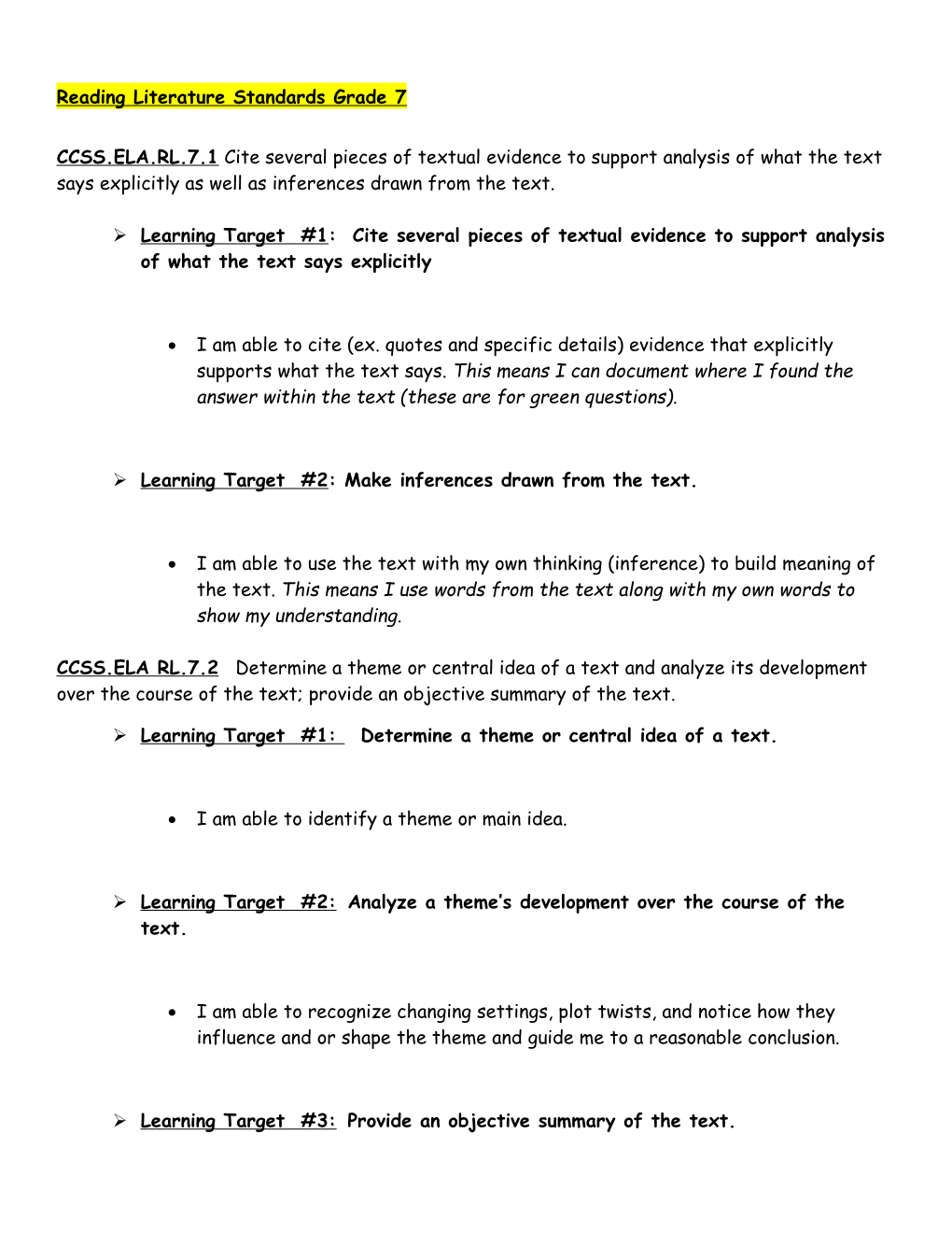 Reading Literature Standards Grade 7