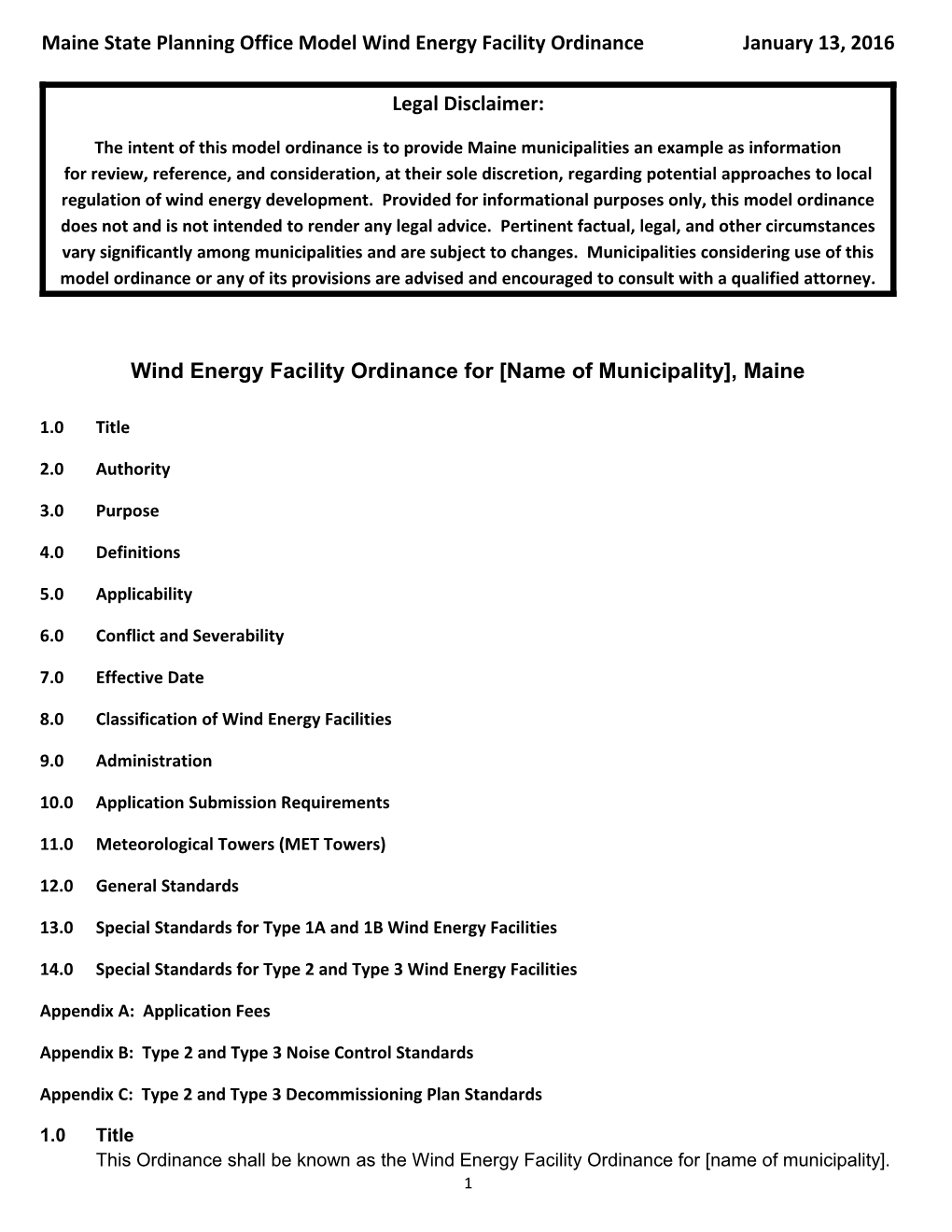 Maine State Planning Office Model Wind Energy Facility Ordinance January 13, 2016