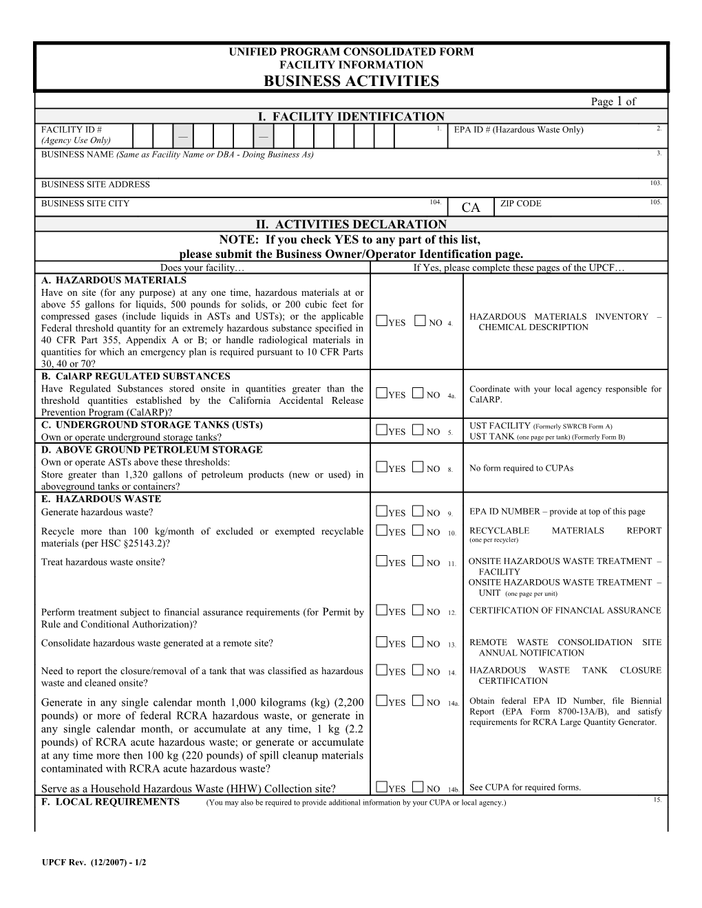 UPCF Business Activities Form