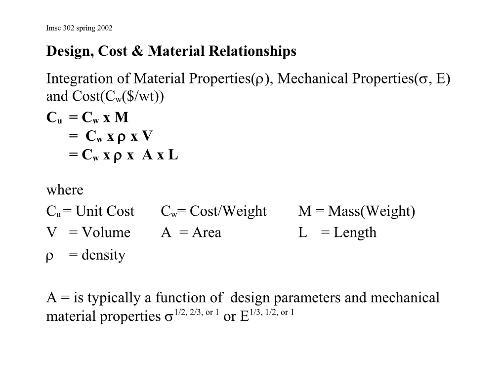 Design, Cost & Material Relationships