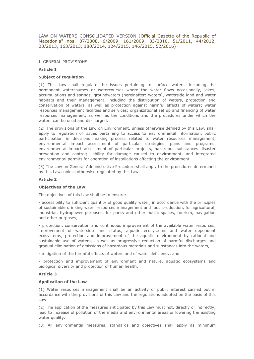 LAW on WATERS CONSOLIDATED VERSION (Official Gazette of the Republic of Macedonia Nos