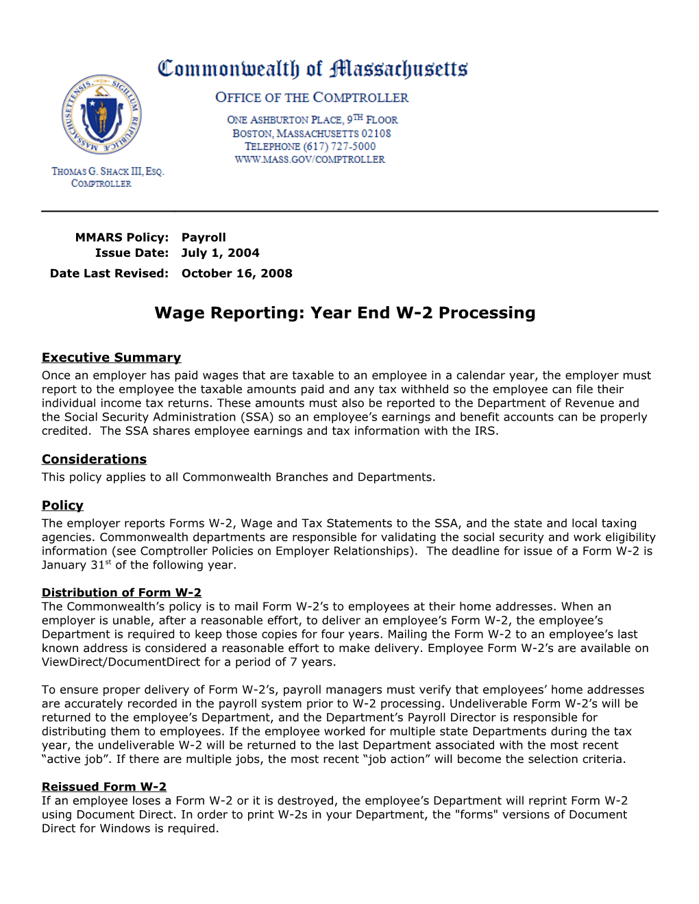 Wage Reporting: Year End W-2 Processing