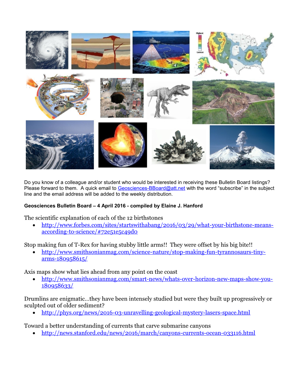 Geosciences Bulletin Board 4 April 2016- Compiled by Elaine J. Hanford