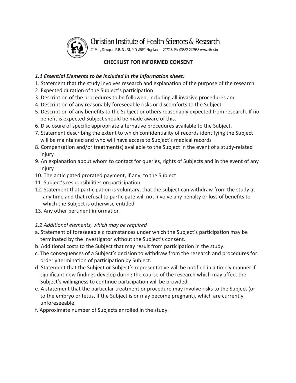 Checklist for Informed Consent