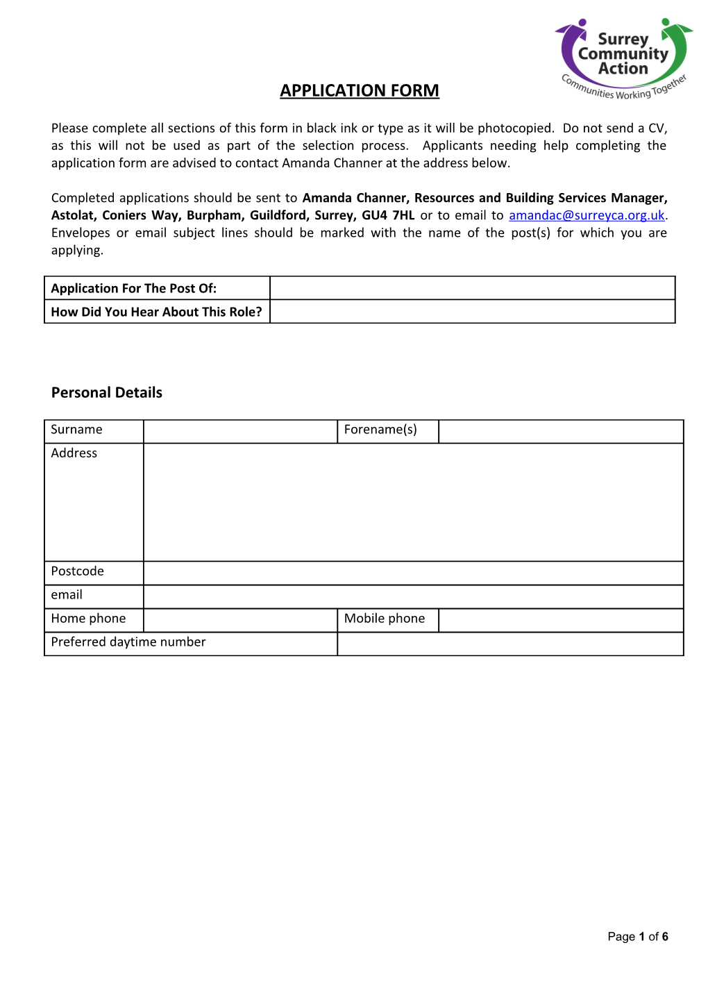 Surrey Community Action Application Form