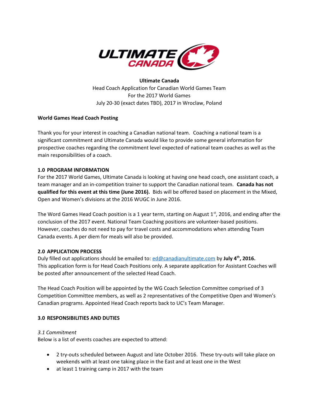 Head Coach Application for Canadian World Games Team