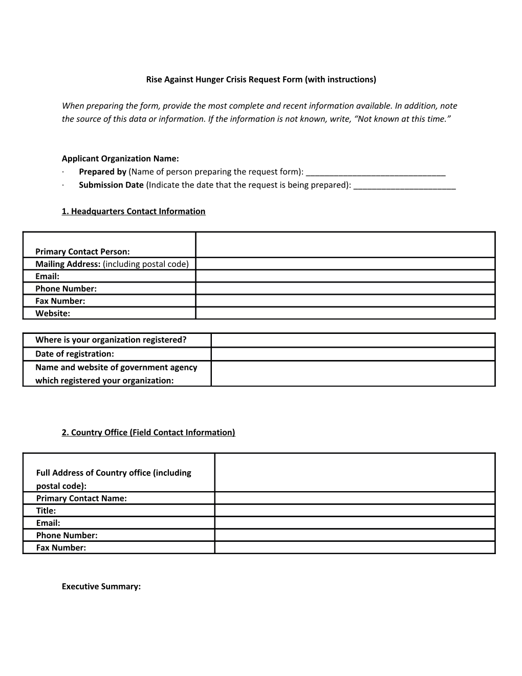 Rise Against Hungercrisis Request Form (With Instructions)