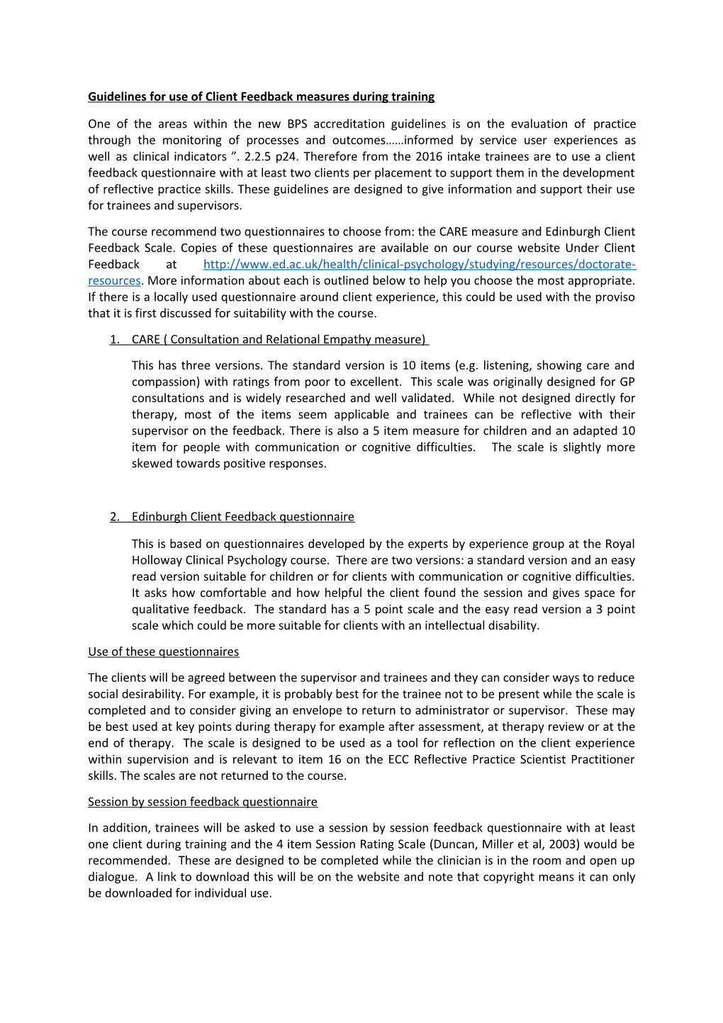 Guidelines for Use of Client Feedback Measures During Training