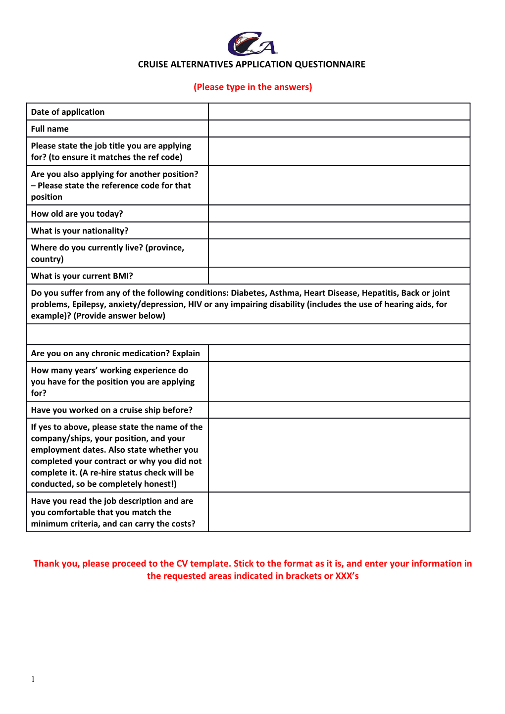 Cruise Alternatives Application Questionnaire