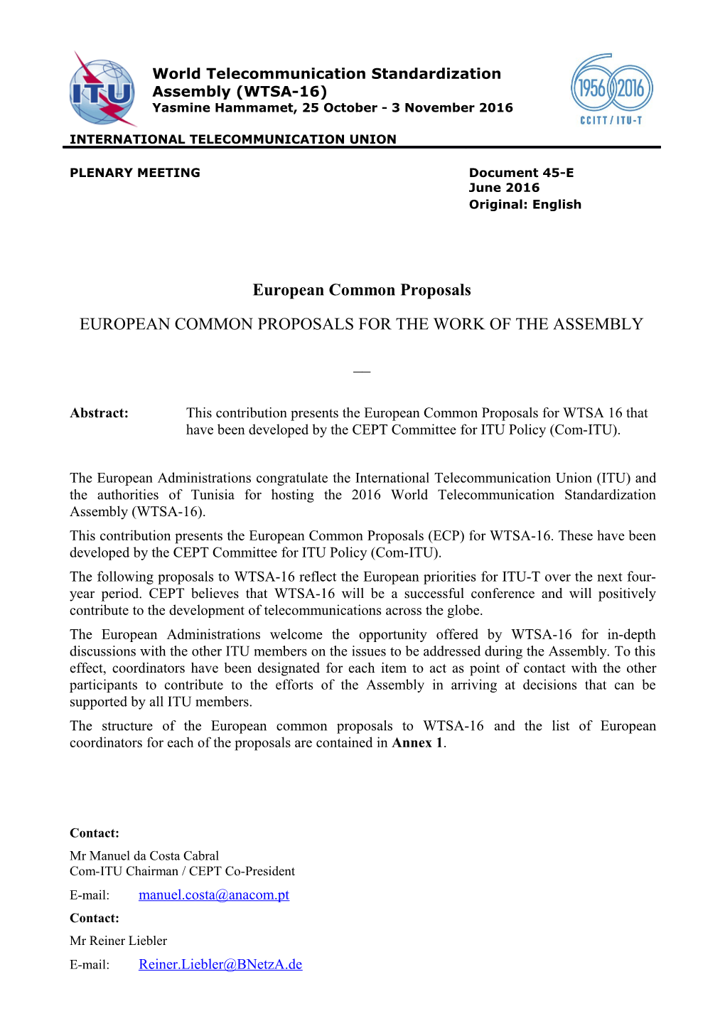 The European Administrations Congratulate the International Telecommunication Union (ITU)