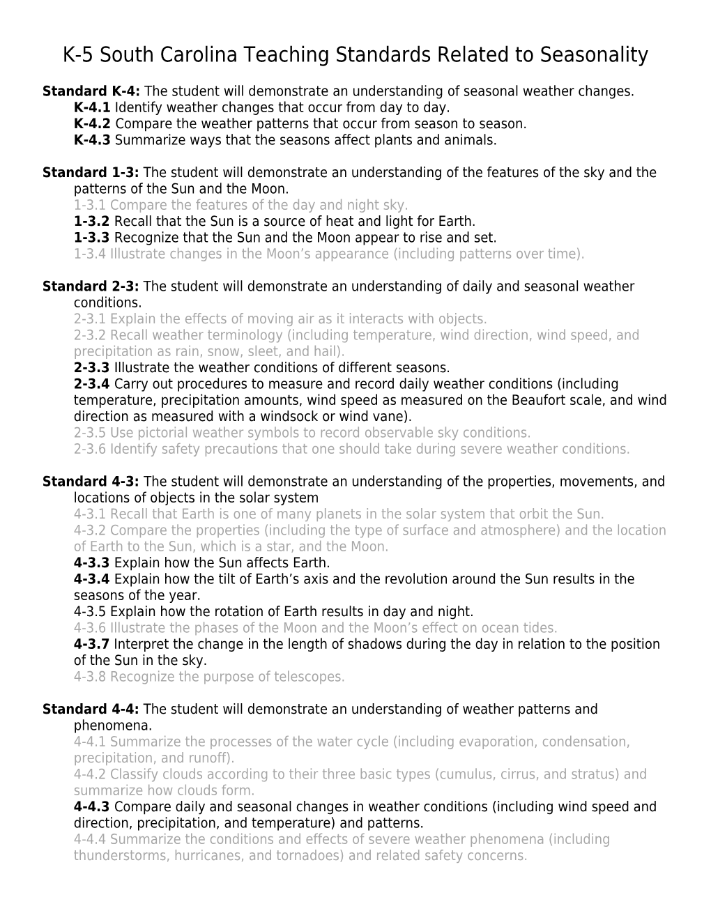 K-5 South Carolina Teaching Standards Related to Seasonality