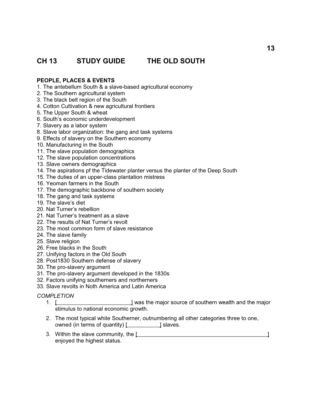 CH 13 STUDY GUIDE the Old South
