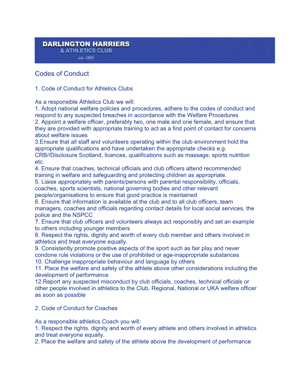 1. Code of Conduct for Athletics Clubs