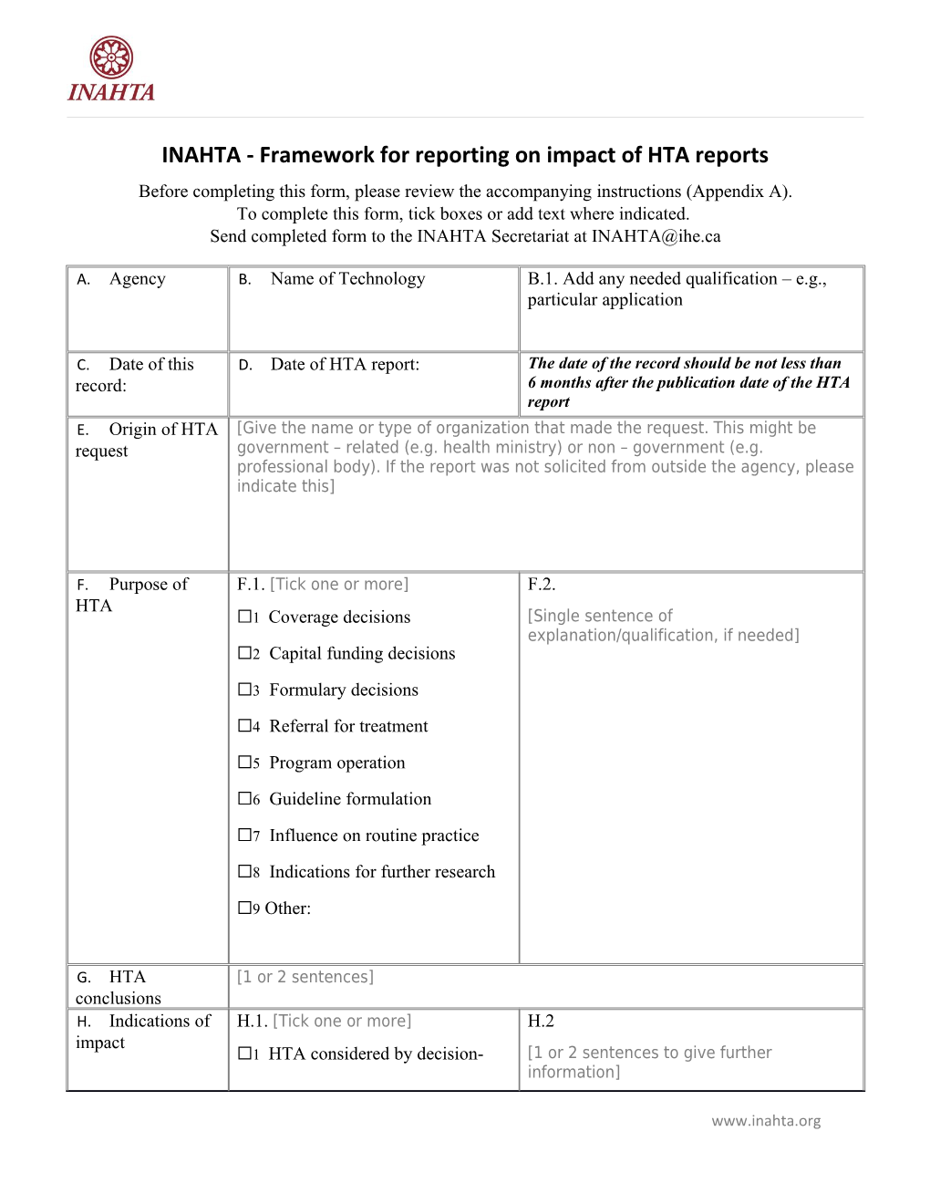 INAHTA - Framework for Reporting on Impact of HTA Reports