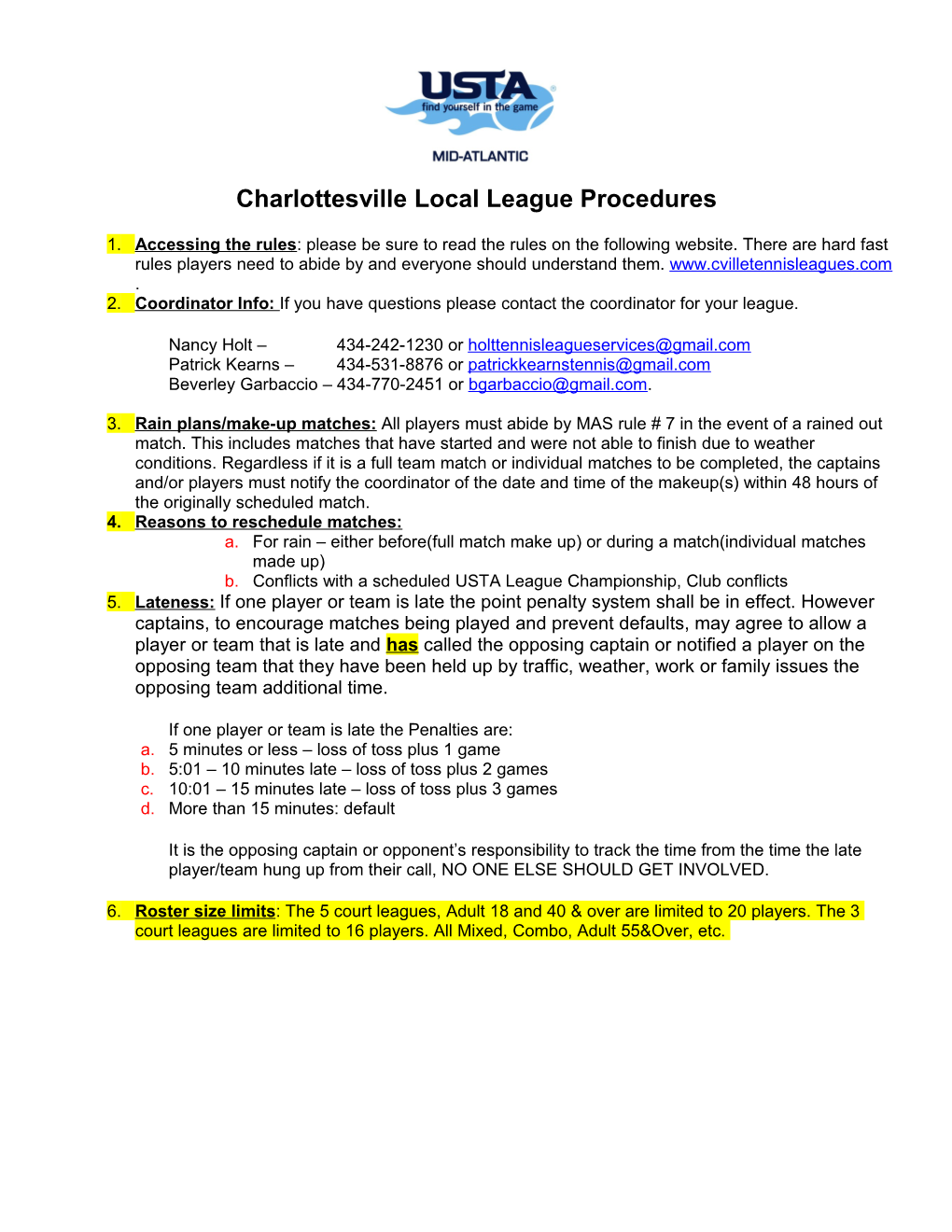 Charlottesville Local League Procedures