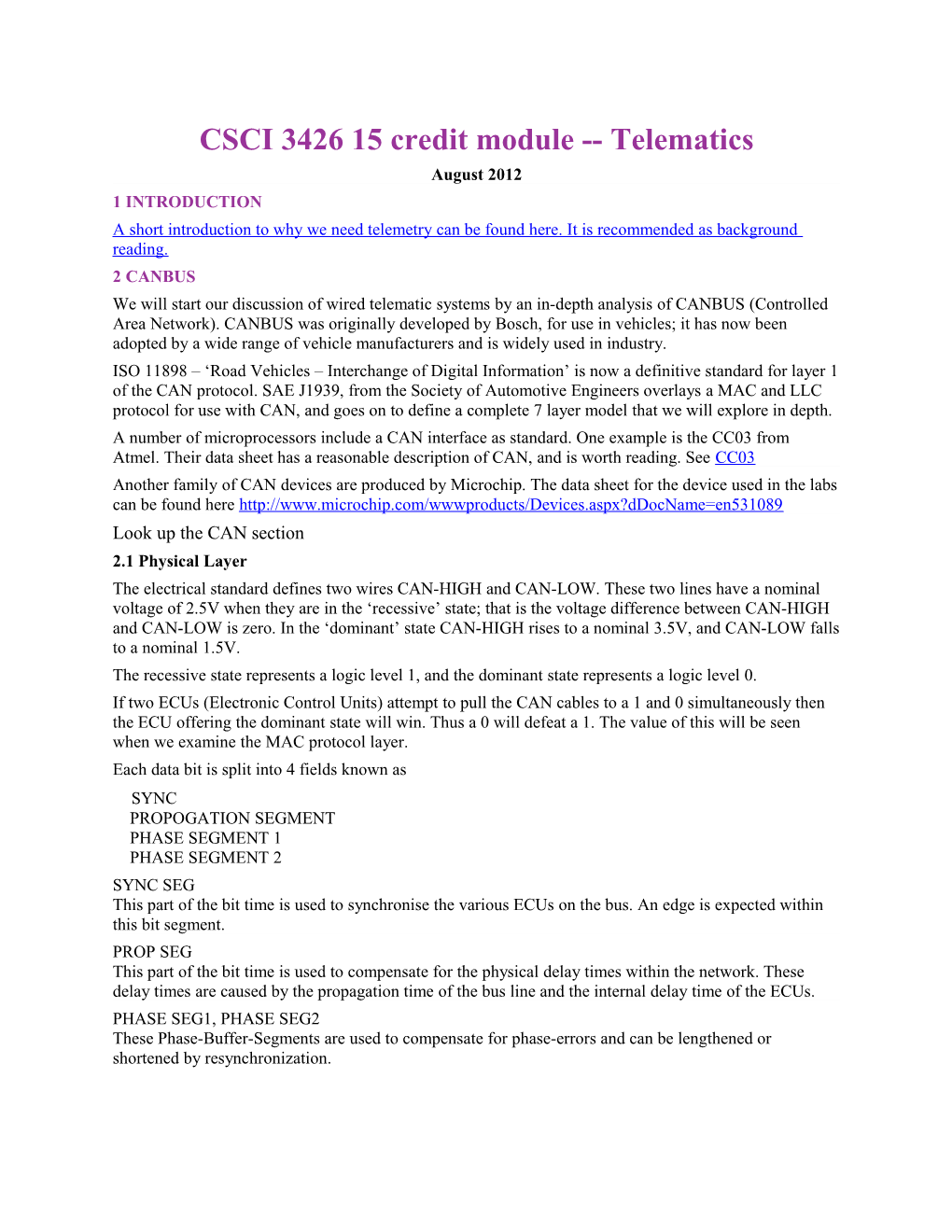 CSCI 3426 15 Credit Module Telematics
