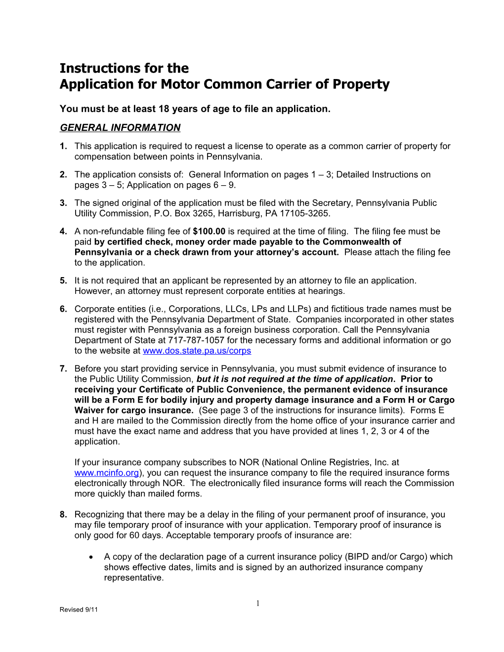 Application for Motor Common Carrier of Property