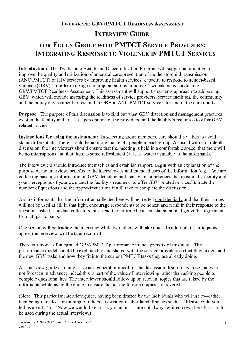 Twubakane GBV/PMTCT Readiness Assessment